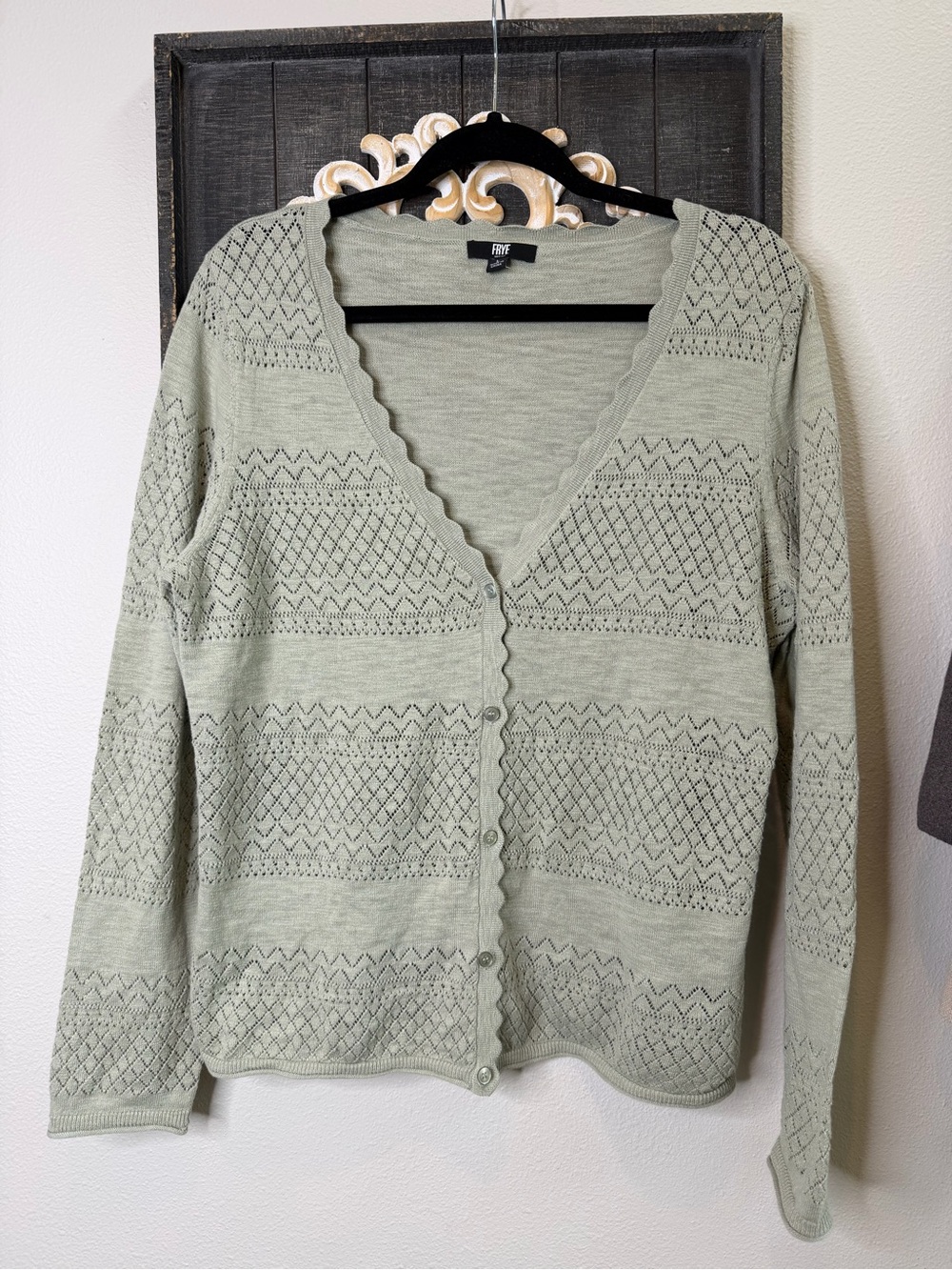 Frye Sage Green V-Neck Button Cardigan 100% Cotton L